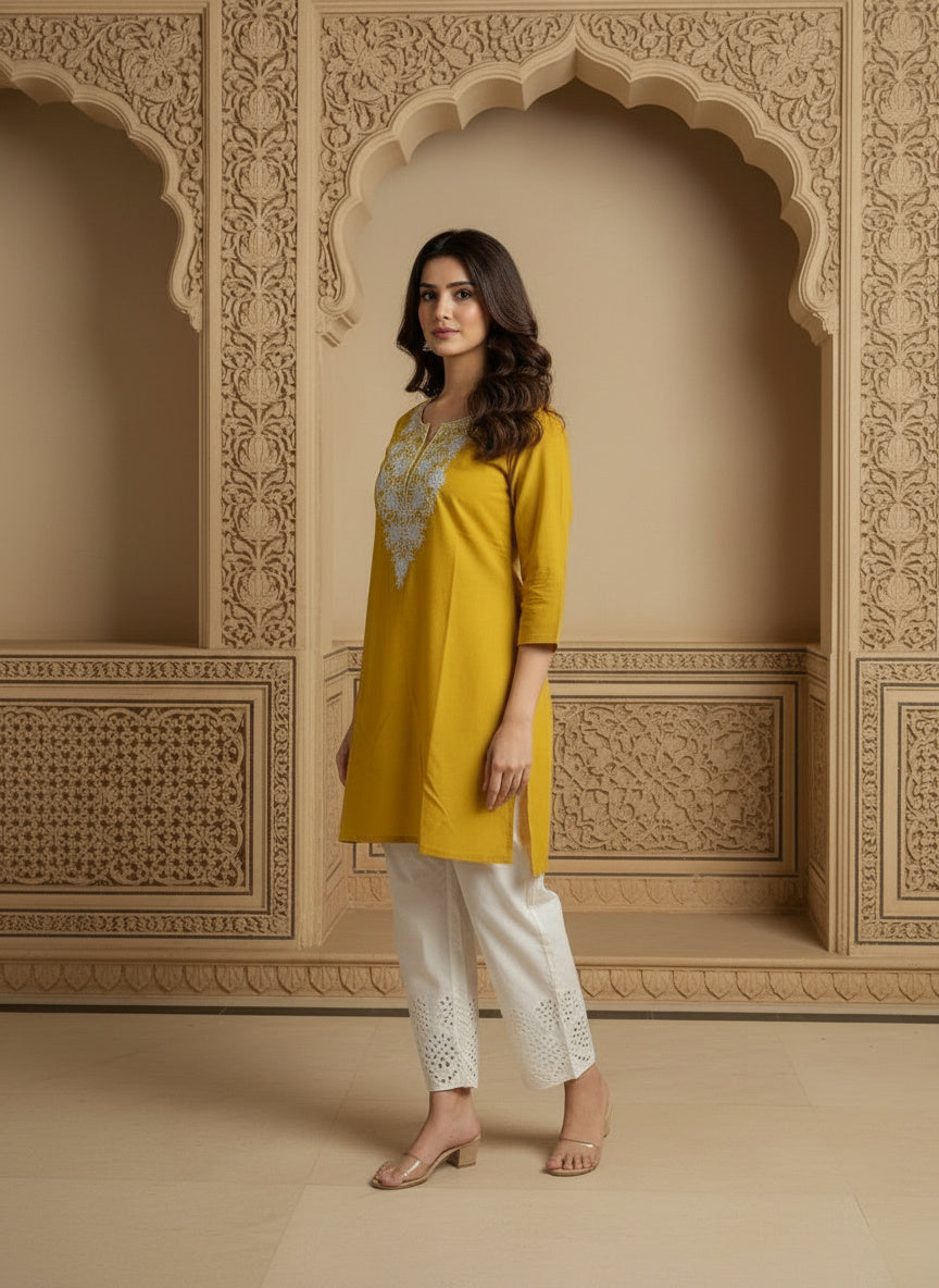 Floral Embroidered Notch Neck Straight Kurtis