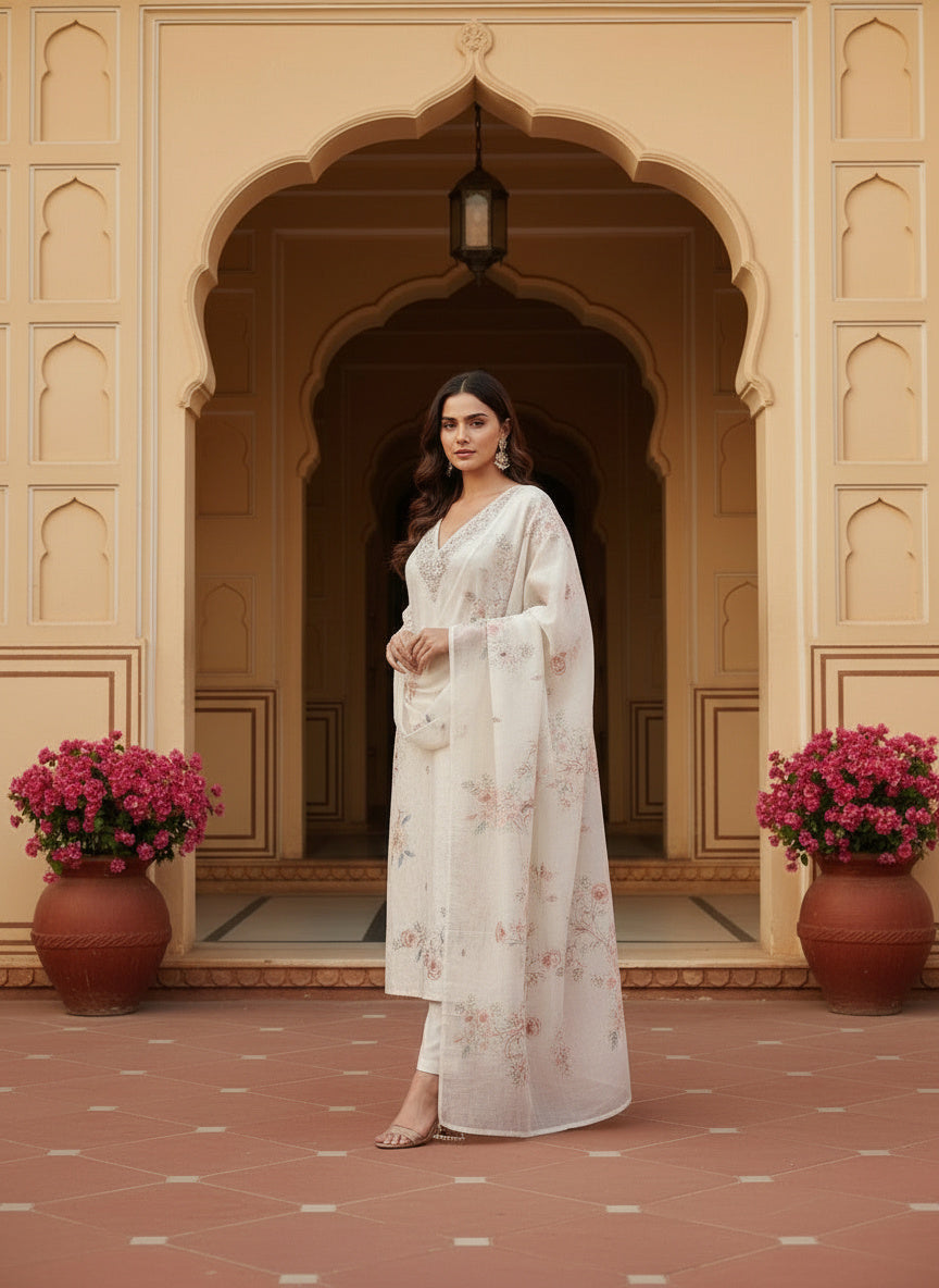 Embroidered Chinon V-Neck Kurta Trousers & Dupatta