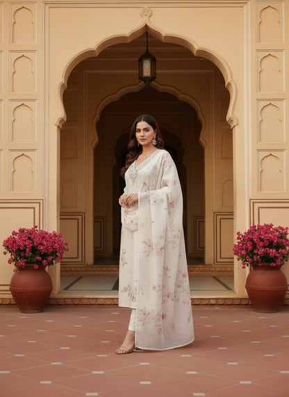 Embroidered Chinon V-Neck Kurta Trousers & Dupatta