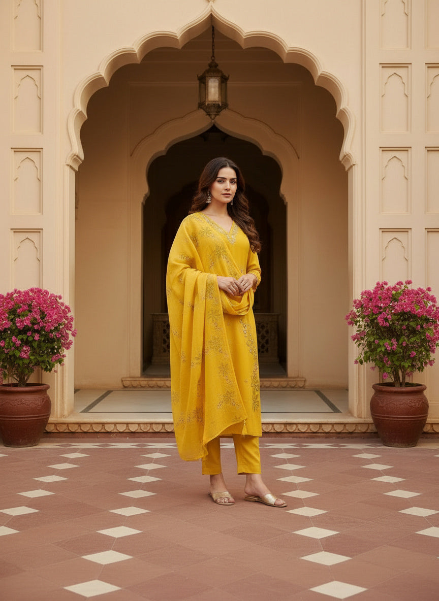 Embroidered Chinon V-Neck Kurta Trousers & Dupatta