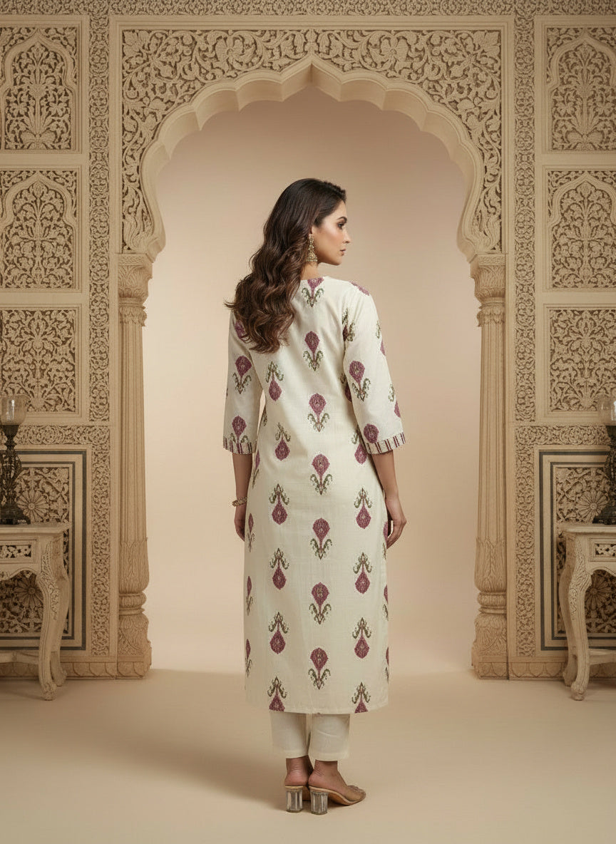 Printed Cotton V-Neck Calf Length Straight Kurta