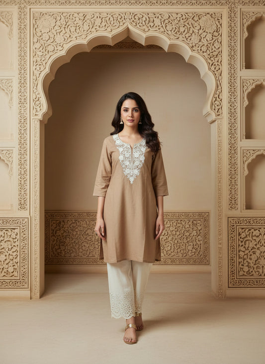 Floral Embroidered Notch Neck Straight Kurtis