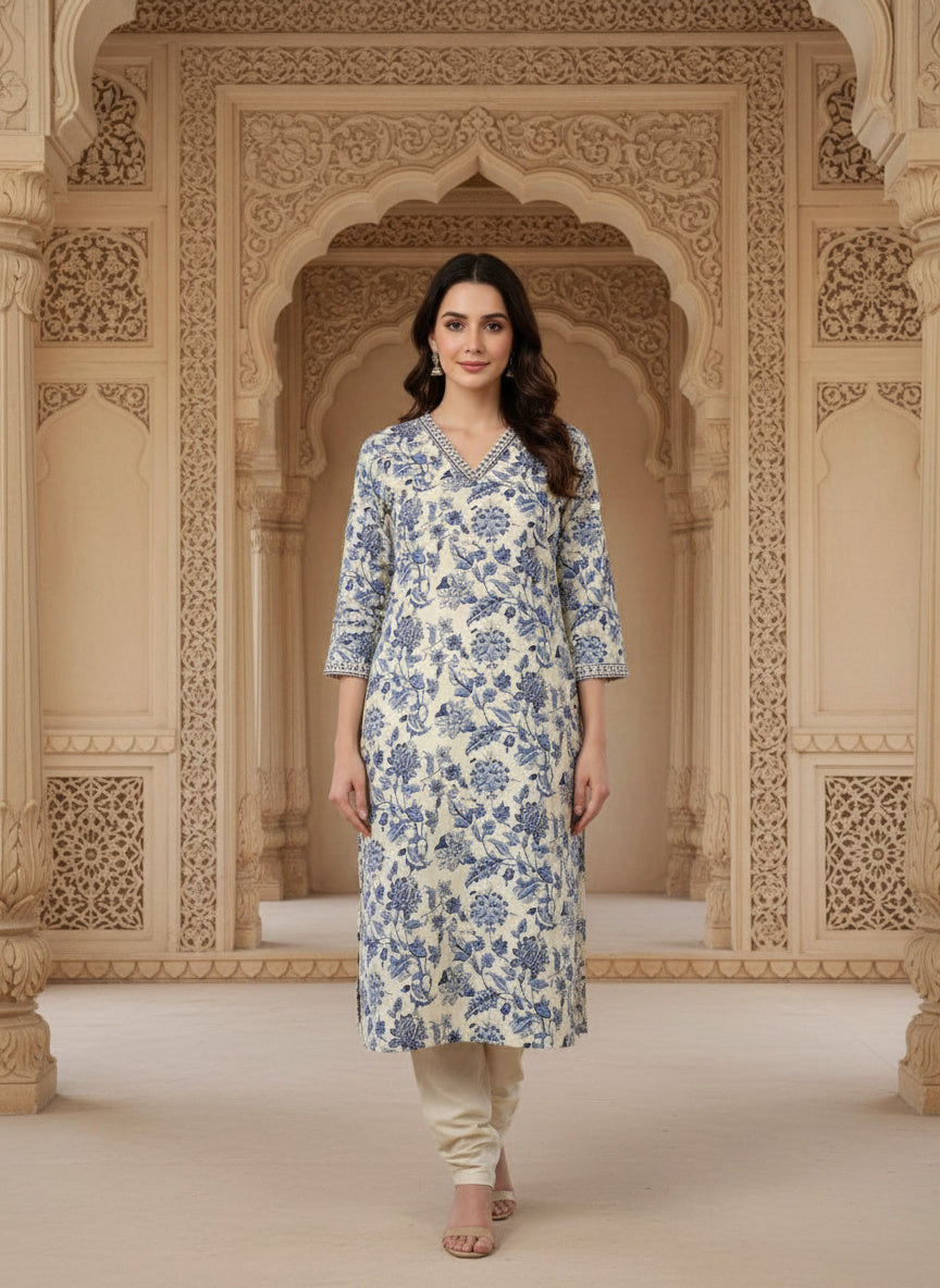 Printed Cotton V-Neck Calf Length Straight Kurta