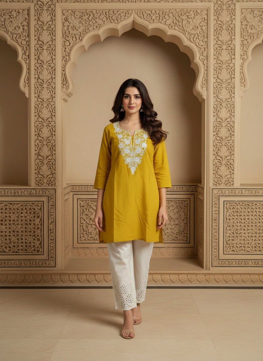 Floral Embroidered Notch Neck Straight Kurtis