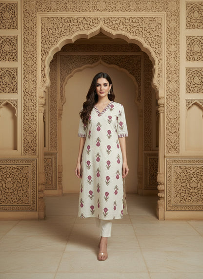 Printed Cotton V-Neck Calf Length Straight Kurta