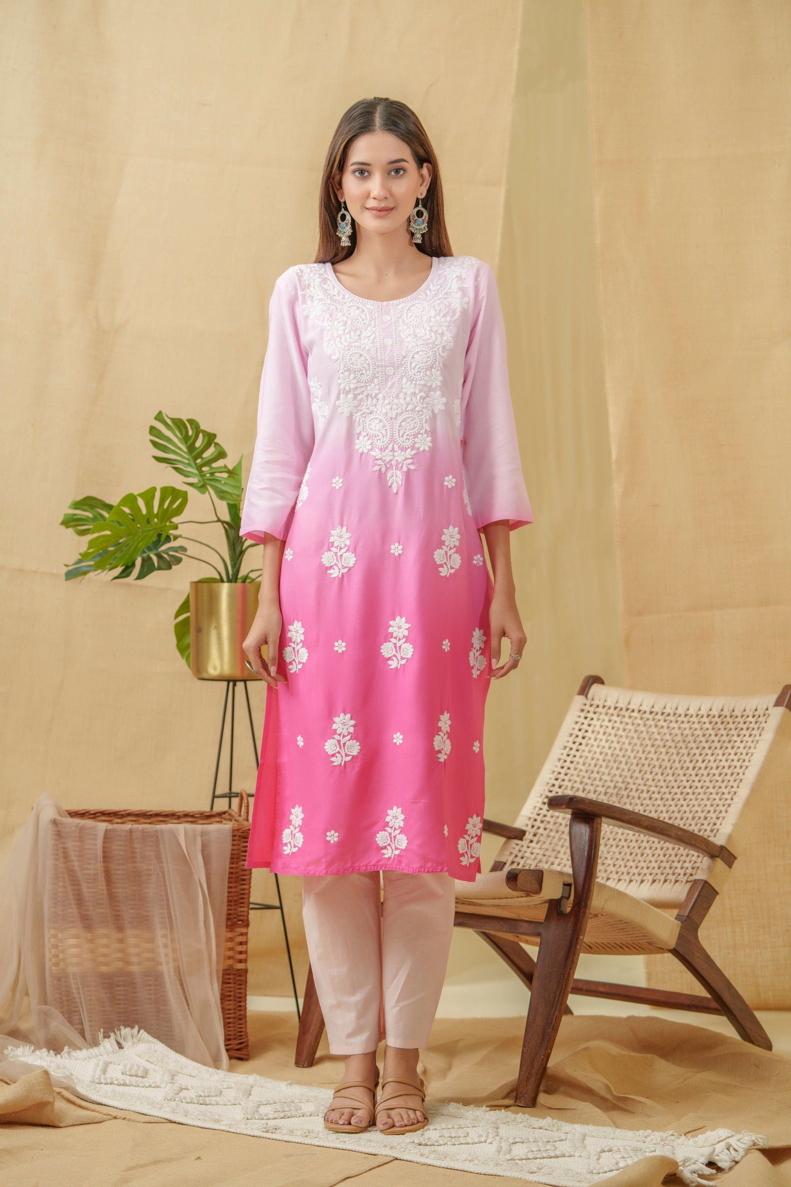 Pink-White Ethnic Motifs Embroidered Straight Calf Length Kurta - Buy Best Ethnic Wear for Women & Girls | Daily Woman - 