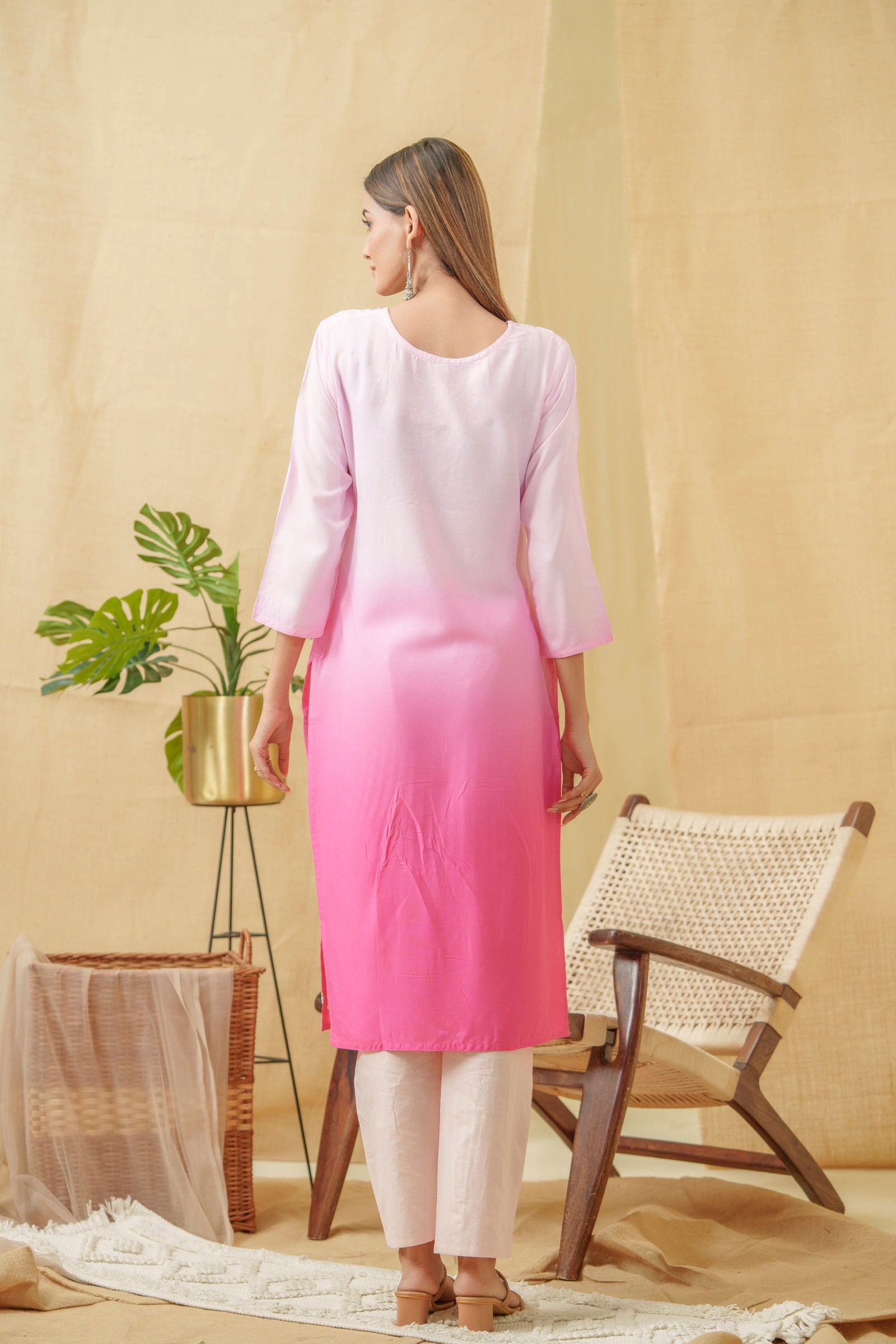 Pink-White Ethnic Motifs Embroidered Straight Calf Length Kurta - Buy Best Ethnic Wear for Women & Girls | Daily Woman - 
