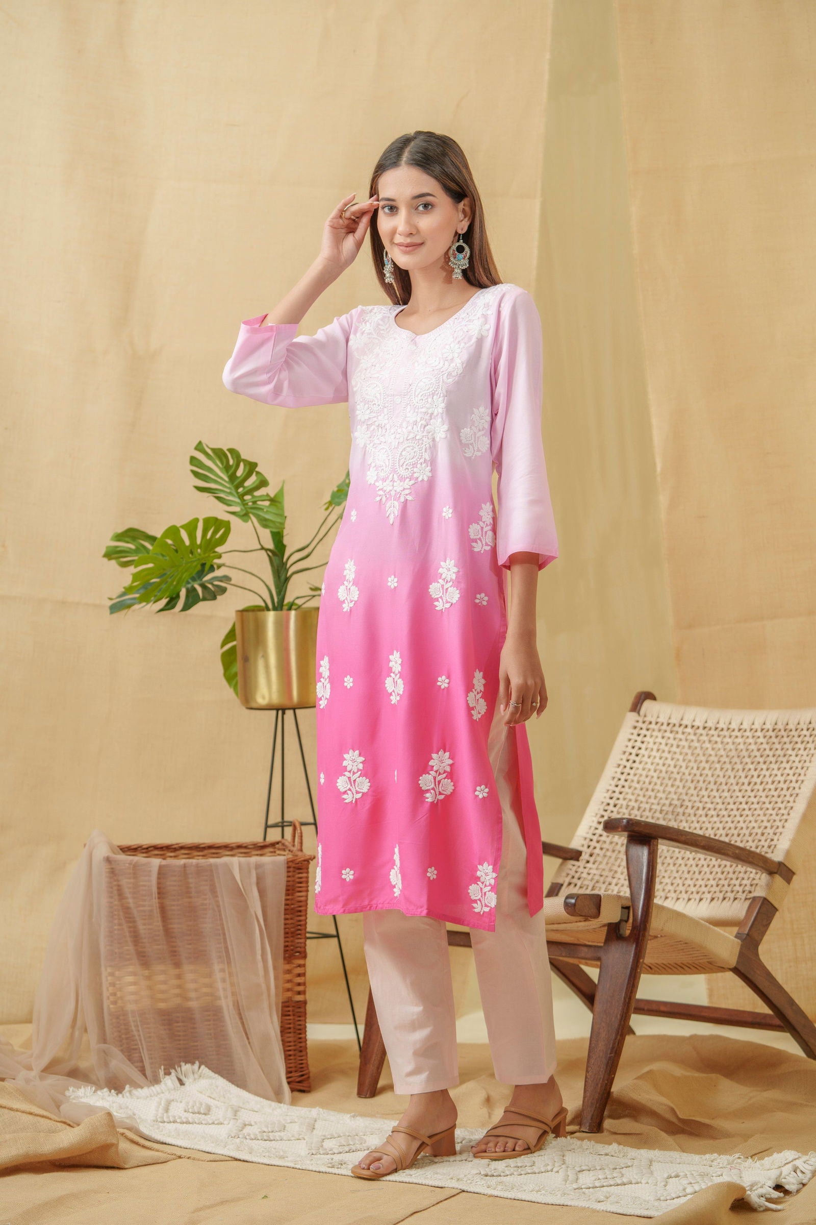 Pink-White Ethnic Motifs Embroidered Straight Calf Length Kurta - Buy Best Ethnic Wear for Women & Girls | Daily Woman - 