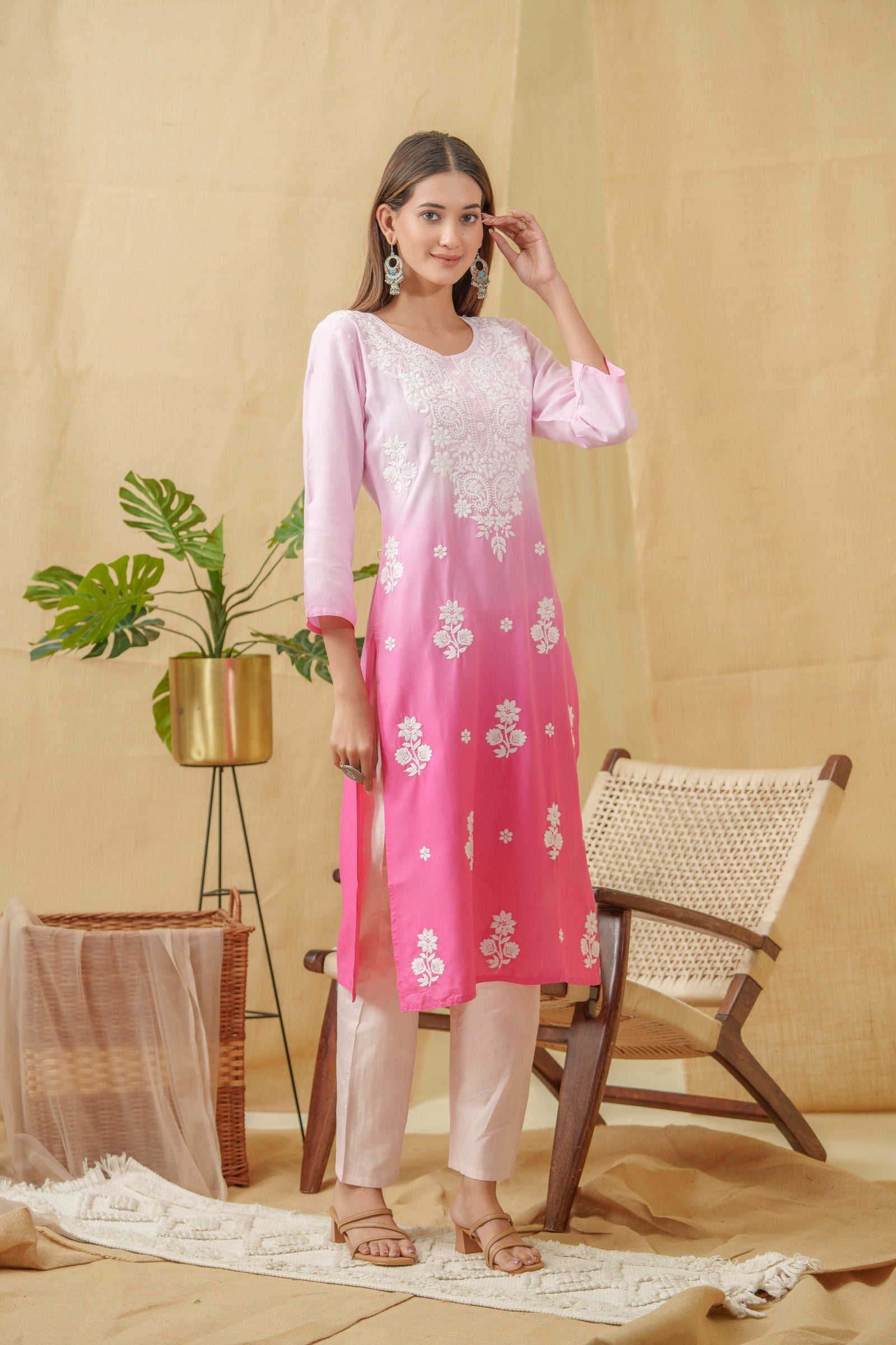Pink-White Ethnic Motifs Embroidered Straight Calf Length Kurta - Buy Best Ethnic Wear for Women & Girls | Daily Woman - 
