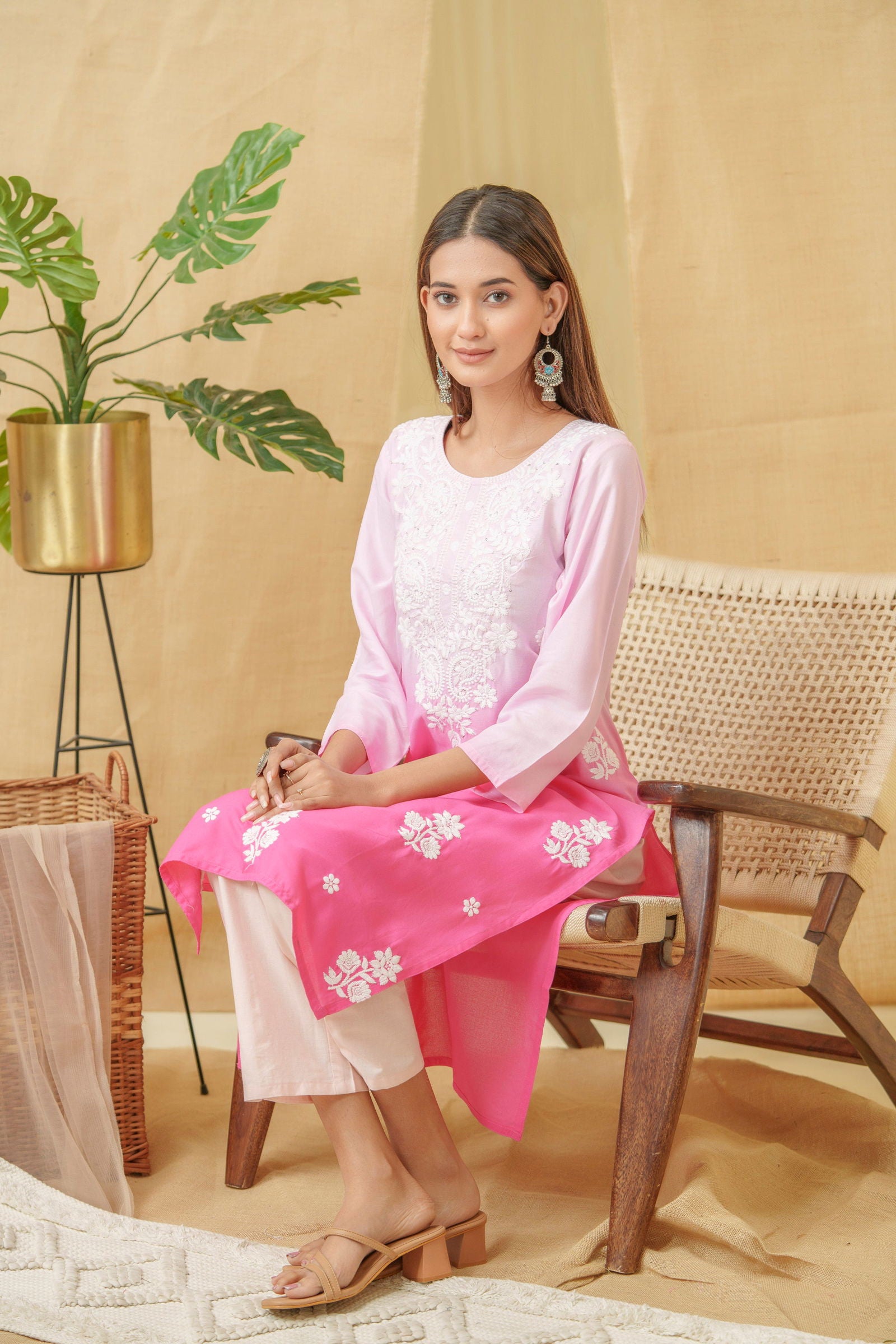 Pink-White Ethnic Motifs Embroidered Straight Calf Length Kurta - Buy Best Ethnic Wear for Women & Girls | Daily Woman - 