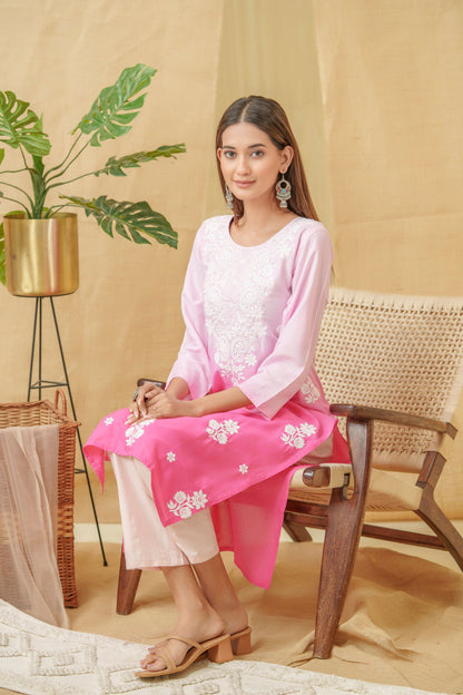 Pink-White Ethnic Motifs Embroidered Straight Calf Length Kurta - Buy Best Ethnic Wear for Women & Girls | Daily Woman - 