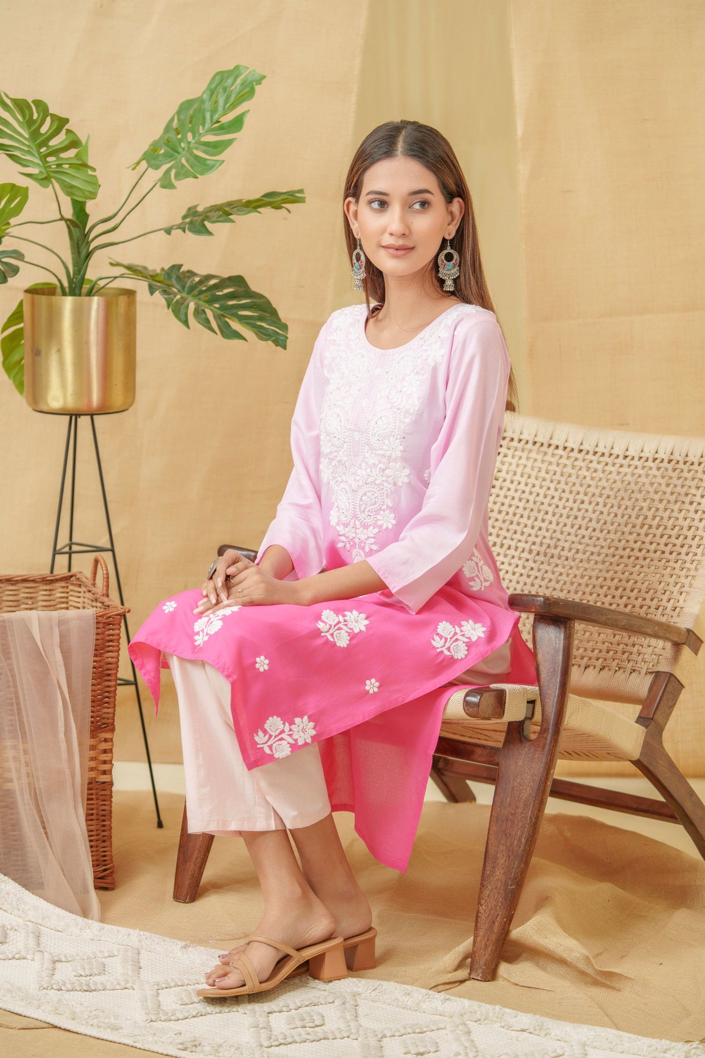 Pink-White Ethnic Motifs Embroidered Straight Calf Length Kurta - Buy Best Ethnic Wear for Women & Girls | Daily Woman - 