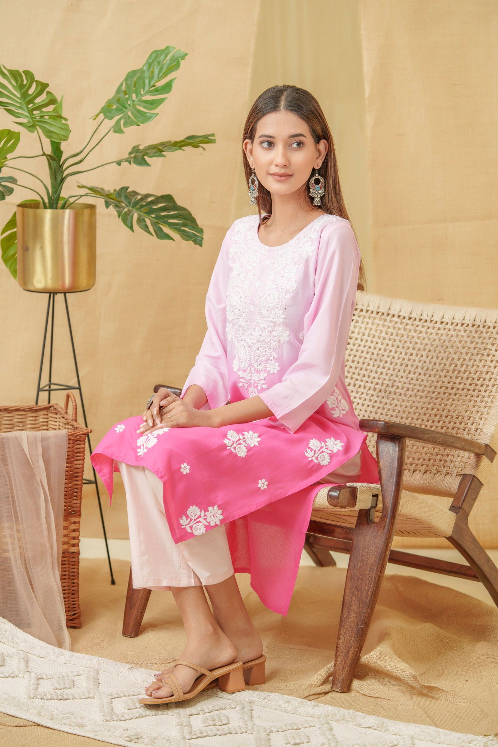 Pink-White Ethnic Motifs Embroidered Straight Calf Length Kurta - Buy Best Ethnic Wear for Women & Girls | Daily Woman - 