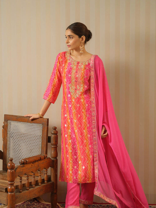 Pink Bandhani Printed Straight Kurta & Trousers With Dupatta - Buy Best Ethnic Wear for Women & Girls | Daily Woman - 