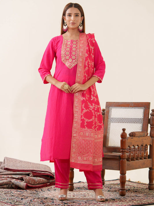 Pink Color Poly Chinon Ethnic Motifs Woven Design Zari Regular Kurta with Trousers & Banarasi Dupatta - Buy Best Ethnic Wear for Women & Girls | Daily Woman - 
