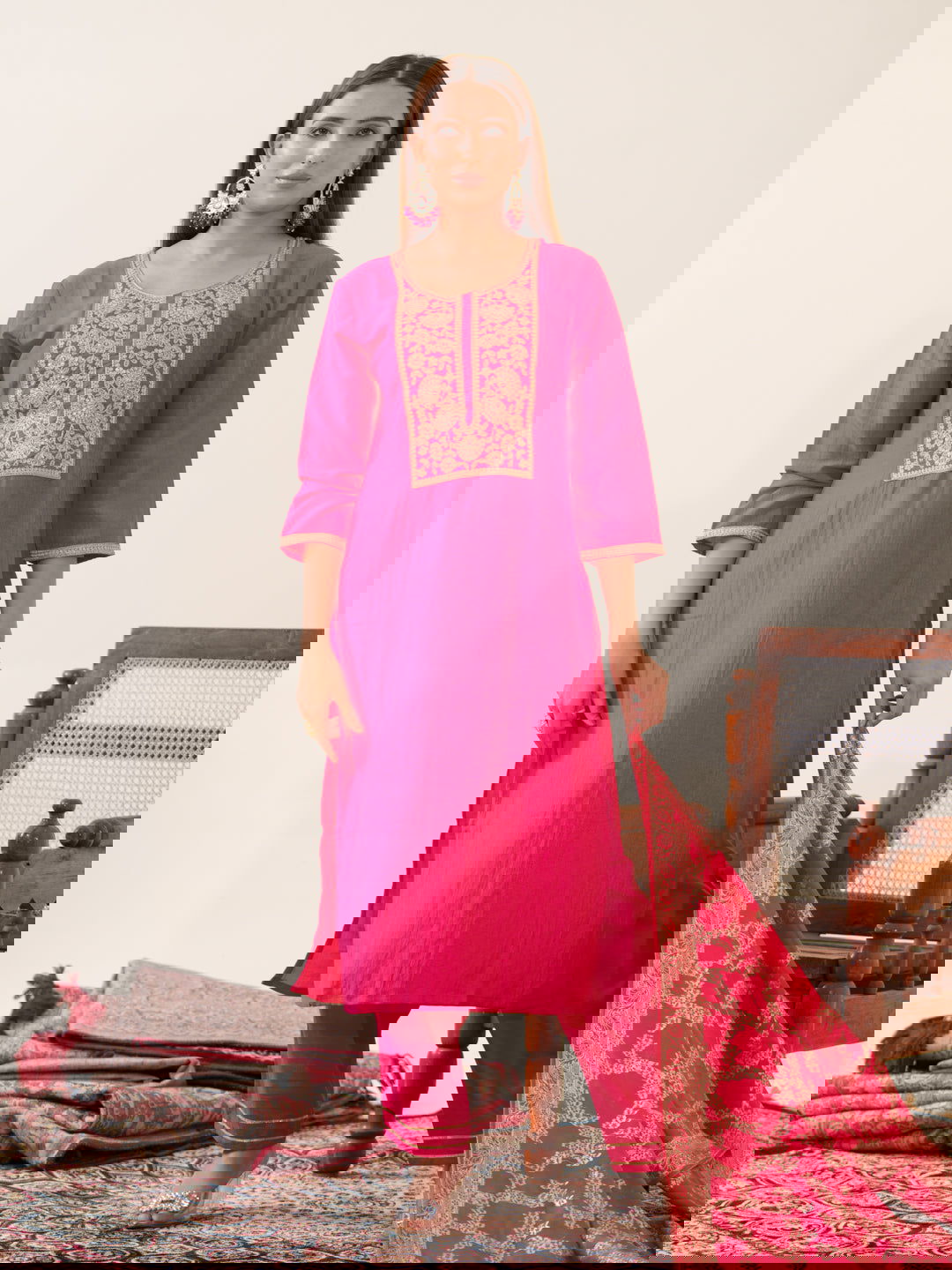 Pink Color Poly Chinon Ethnic Motifs Woven Design Zari Regular Kurta with Trousers & Banarasi Dupatta - Buy Best Ethnic Wear for Women & Girls | Daily Woman - 
