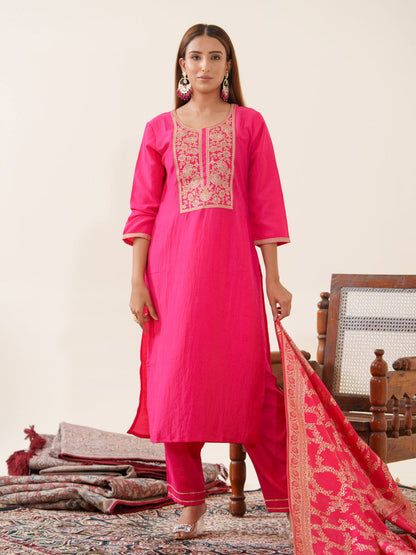 Pink Color Poly Chinon Ethnic Motifs Woven Design Zari Regular Kurta with Trousers & Banarasi Dupatta - Buy Best Ethnic Wear for Women & Girls | Daily Woman - 