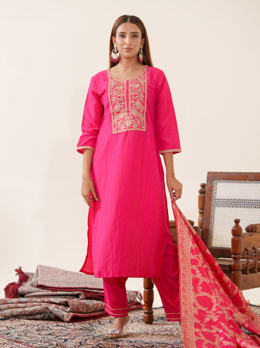 Pink Color Poly Chinon Ethnic Motifs Woven Design Zari Regular Kurta with Trousers & Banarasi Dupatta - Buy Best Ethnic Wear for Women & Girls | Daily Woman - 