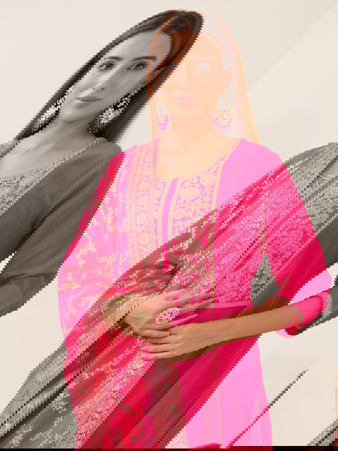 Pink Color Poly Chinon Ethnic Motifs Woven Design Zari Regular Kurta with Trousers & Banarasi Dupatta - Buy Best Ethnic Wear for Women & Girls | Daily Woman - 