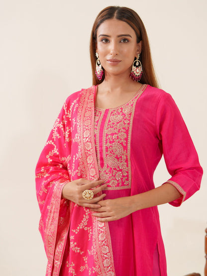 Pink Color Poly Chinon Ethnic Motifs Woven Design Zari Regular Kurta with Trousers & Banarasi Dupatta - Buy Best Ethnic Wear for Women & Girls | Daily Woman - 
