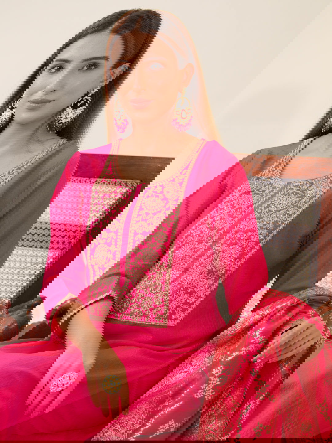 Pink Color Poly Chinon Ethnic Motifs Woven Design Zari Regular Kurta with Trousers & Banarasi Dupatta - Buy Best Ethnic Wear for Women & Girls | Daily Woman - 