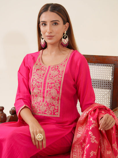 Pink Color Poly Chinon Ethnic Motifs Woven Design Zari Regular Kurta with Trousers & Banarasi Dupatta - Buy Best Ethnic Wear for Women & Girls | Daily Woman - 