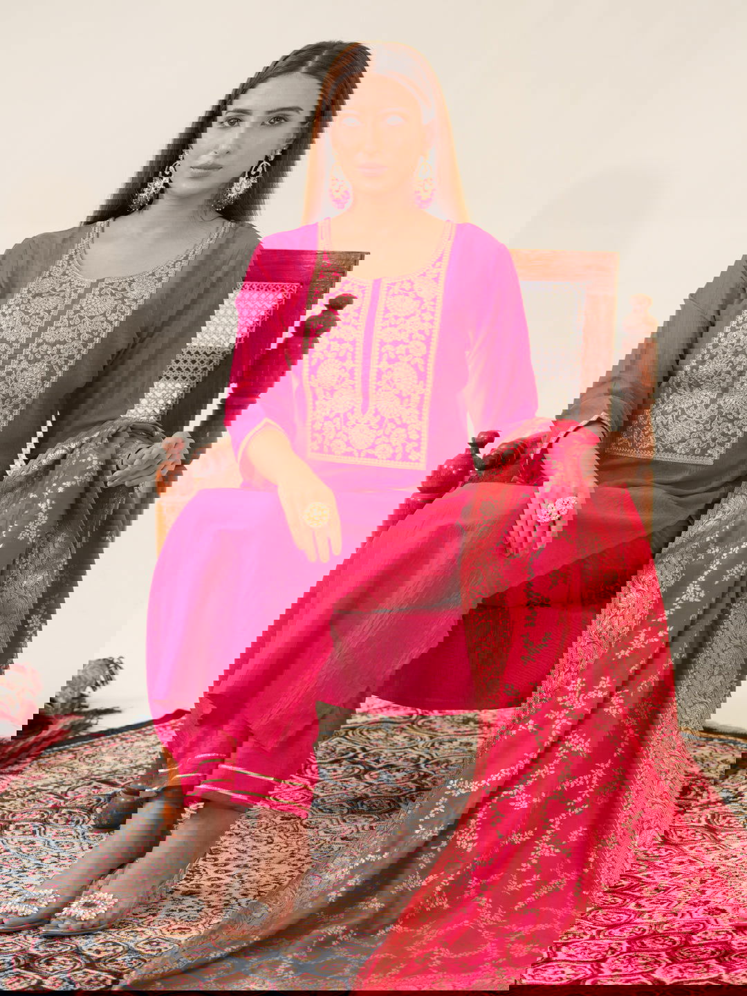 Pink Color Poly Chinon Ethnic Motifs Woven Design Zari Regular Kurta with Trousers & Banarasi Dupatta - Buy Best Ethnic Wear for Women & Girls | Daily Woman - 
