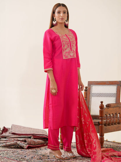 Pink Color Poly Chinon Ethnic Motifs Woven Design Zari Regular Kurta with Trousers & Banarasi Dupatta - Buy Best Ethnic Wear for Women & Girls | Daily Woman - 