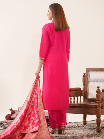 Pink Color Poly Chinon Ethnic Motifs Woven Design Zari Regular Kurta with Trousers & Banarasi Dupatta - Buy Best Ethnic Wear for Women & Girls | Daily Woman - 
