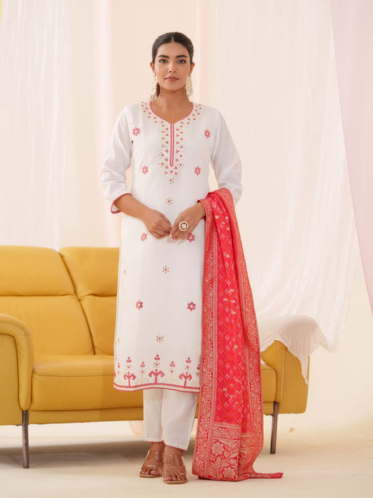Pink Color Roman Silk Embroidered Kurta With Trousers & Dupatta - Buy Best Ethnic Wear for Women & Girls | Daily Woman - 