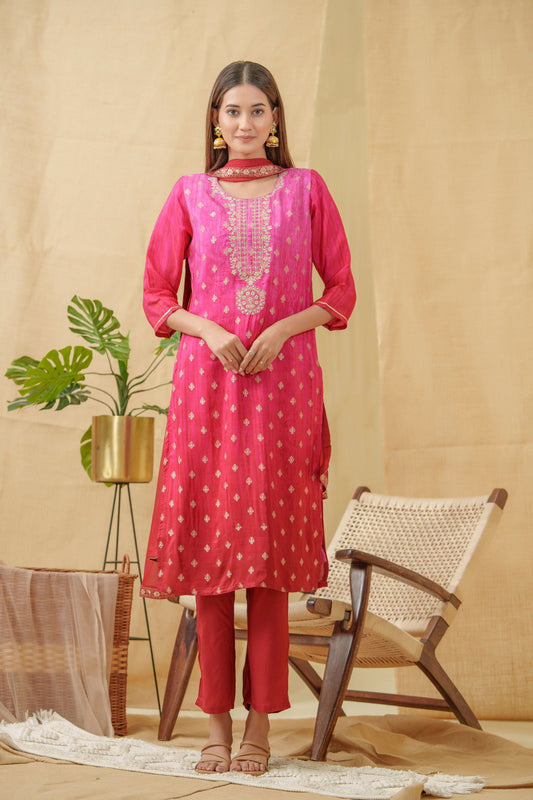 Pink Embroidered Round Neck Kurta With Trousers & Dupatta - Buy Best Ethnic Wear for Women & Girls | Daily Woman - 