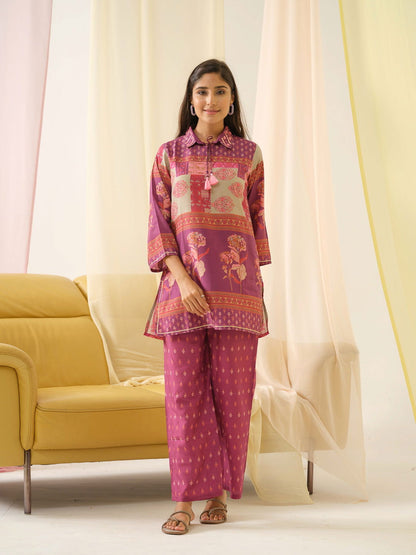 Pink Ethnic Motifs Printed Shirt Collar Pure Silk Kurta With Trousers - Buy Best Ethnic Wear for Women & Girls | Daily Woman - 