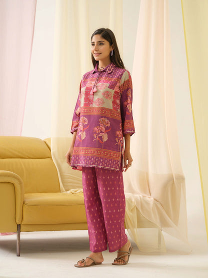 Pink Ethnic Motifs Printed Shirt Collar Pure Silk Kurta With Trousers - Buy Best Ethnic Wear for Women & Girls | Daily Woman - 
