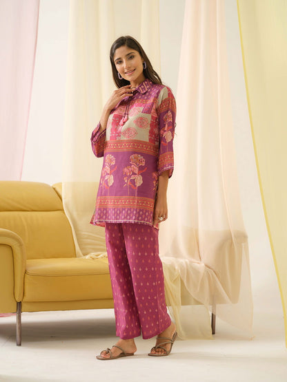 Pink Ethnic Motifs Printed Shirt Collar Pure Silk Kurta With Trousers - Buy Best Ethnic Wear for Women & Girls | Daily Woman - 