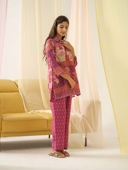 Pink Ethnic Motifs Printed Shirt Collar Pure Silk Kurta With Trousers - Buy Best Ethnic Wear for Women & Girls | Daily Woman - 