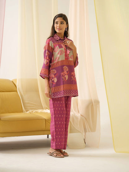 Pink Ethnic Motifs Printed Shirt Collar Pure Silk Kurta With Trousers - Buy Best Ethnic Wear for Women & Girls | Daily Woman - 