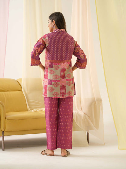 Pink Ethnic Motifs Printed Shirt Collar Pure Silk Kurta With Trousers - Buy Best Ethnic Wear for Women & Girls | Daily Woman - 