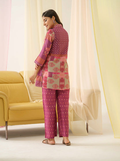 Pink Ethnic Motifs Printed Shirt Collar Pure Silk Kurta With Trousers - Buy Best Ethnic Wear for Women & Girls | Daily Woman - 