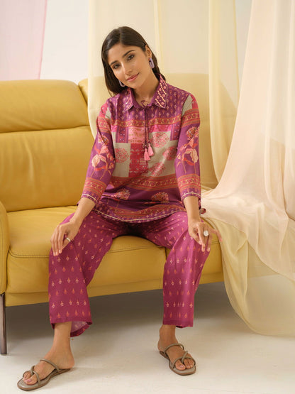 Pink Ethnic Motifs Printed Shirt Collar Pure Silk Kurta With Trousers - Buy Best Ethnic Wear for Women & Girls | Daily Woman - 
