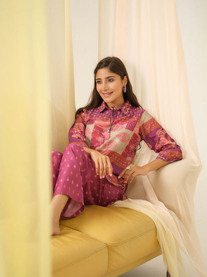 Pink Ethnic Motifs Printed Shirt Collar Pure Silk Kurta With Trousers - Buy Best Ethnic Wear for Women & Girls | Daily Woman - 