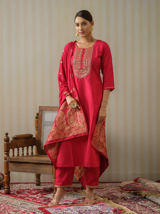 Pink Ethnic Motifs Straight Kurta & Trousers With Dupatta - Buy Best Ethnic Wear for Women & Girls | Daily Woman - 