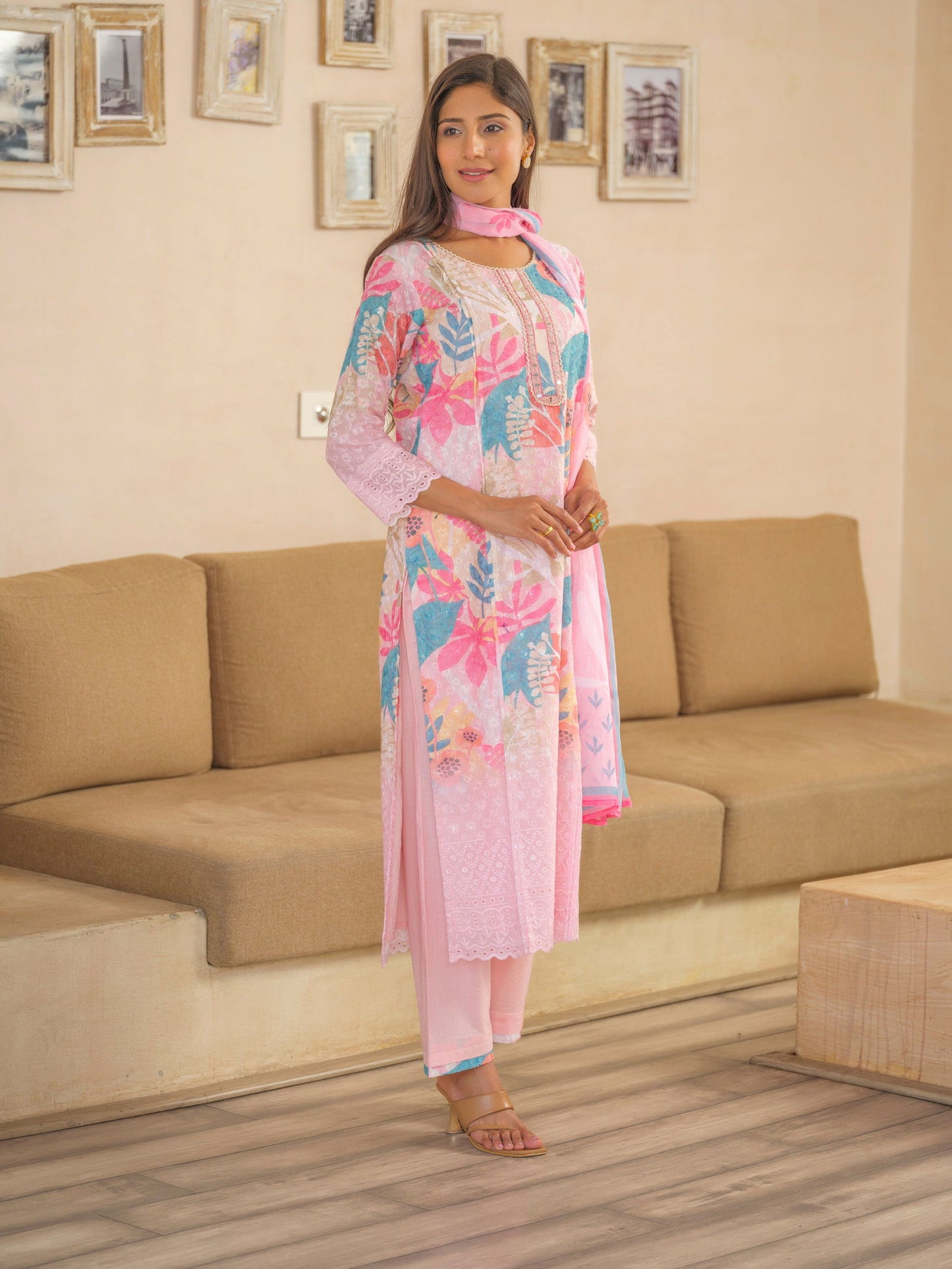 Pink Floral Embroidered Straight Kurta and Trousers With Dupatta - Buy Best Ethnic Wear for Women & Girls | Daily Woman - 