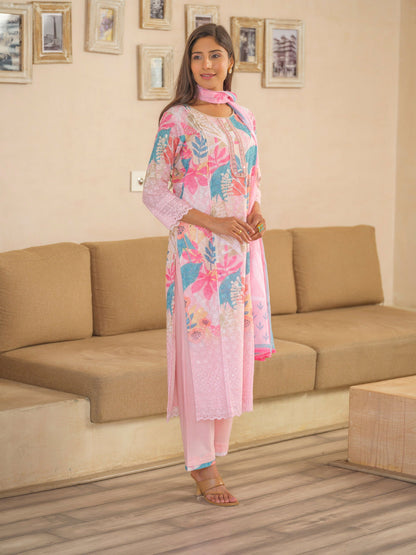 Pink Floral Embroidered Straight Kurta and Trousers With Dupatta - Buy Best Ethnic Wear for Women & Girls | Daily Woman - 