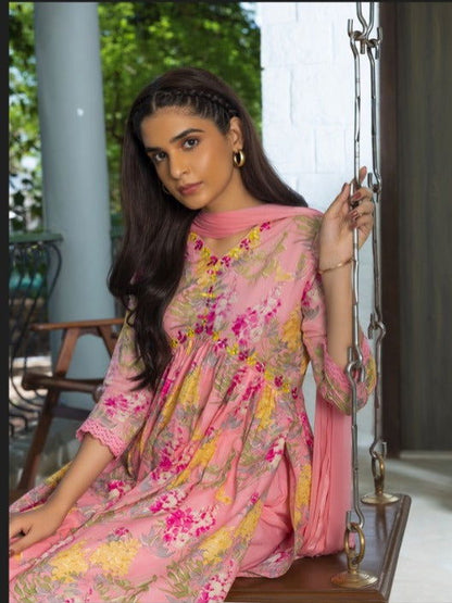 Pink Floral Printed A-Line Kurta and Trousers With Dupatta - Buy Best Ethnic Wear for Women & Girls | Daily Woman - 