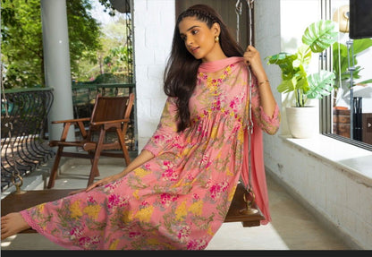 Pink Floral Printed A-Line Kurta and Trousers With Dupatta - Buy Best Ethnic Wear for Women & Girls | Daily Woman - 