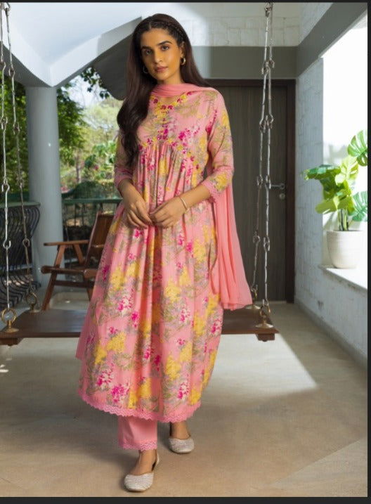 Pink Floral Printed A-Line Kurta and Trousers With Dupatta - Buy Best Ethnic Wear for Women & Girls | Daily Woman - 