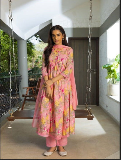 Pink Floral Printed A-Line Kurta and Trousers With Dupatta - Buy Best Ethnic Wear for Women & Girls | Daily Woman - 