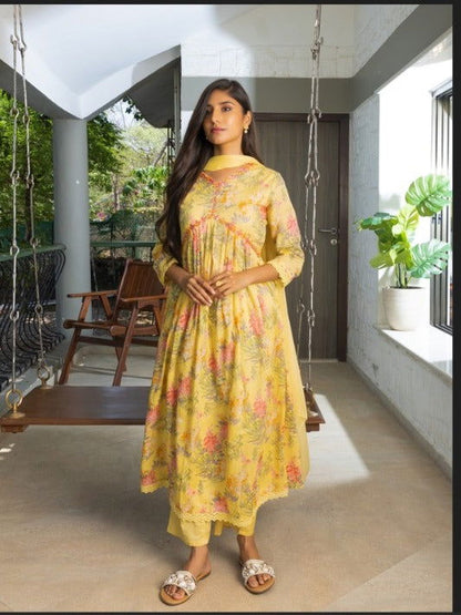 Pink Floral Printed A-Line Kurta and Trousers With Dupatta - Buy Best Ethnic Wear for Women & Girls | Daily Woman - 