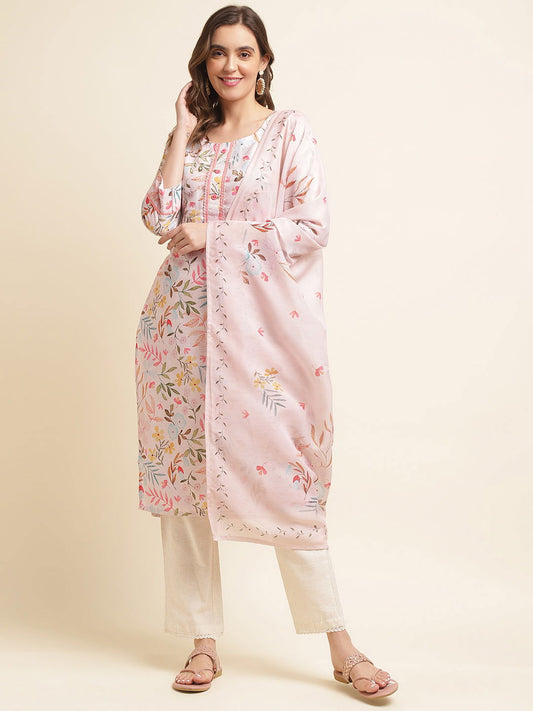 Pink Floral Printed Sequinned Linen Kurta With Trousers & Dupatta - Buy Best Ethnic Wear for Women & Girls | Daily Woman - 