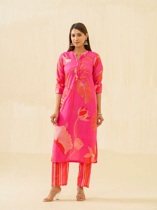 Pink Floral Printed Straight Kurta and Trousers - Buy Best Ethnic Wear for Women & Girls | Daily Woman - 